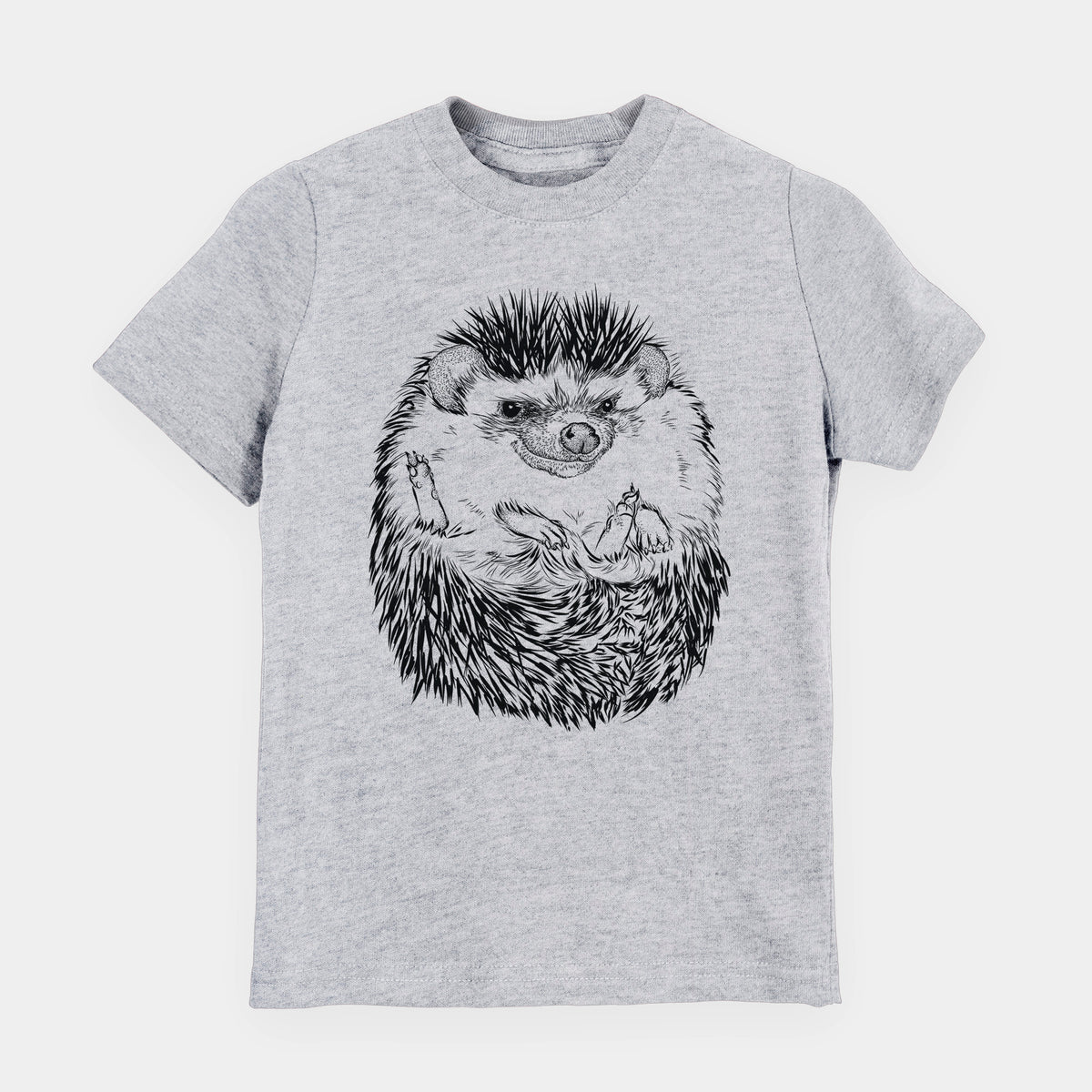Heather grey youth t-shirt laid flat, printed with a detailed black ink illustration of a hedgehog curled up and facing forward.