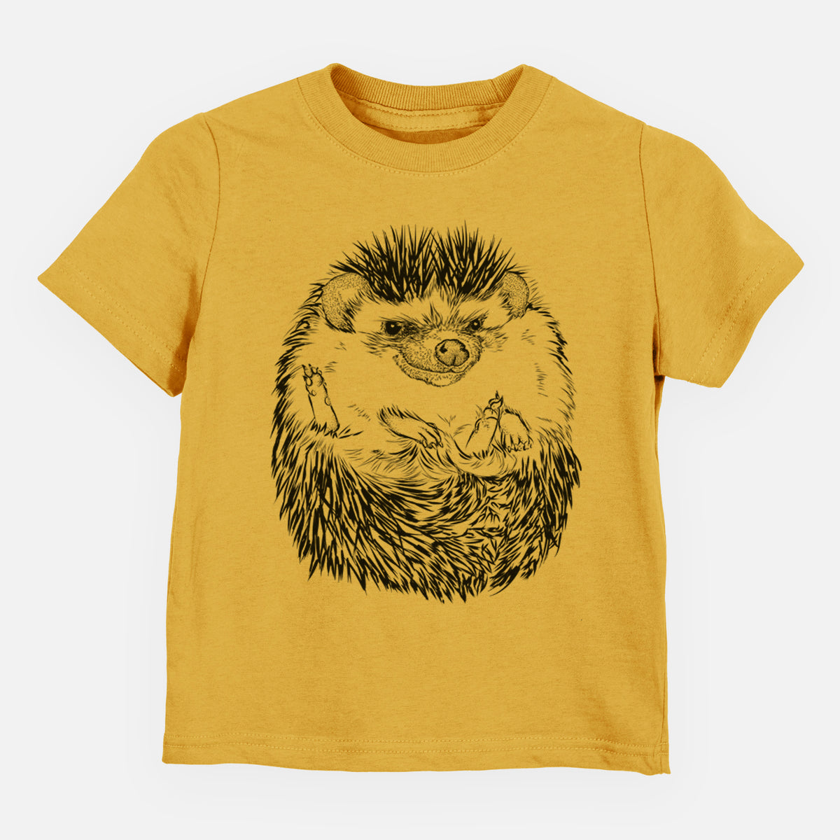Honeycomb yellow toddler t-shirt laid flat, printed with a detailed black ink illustration of a hedgehog curled up and facing forward.