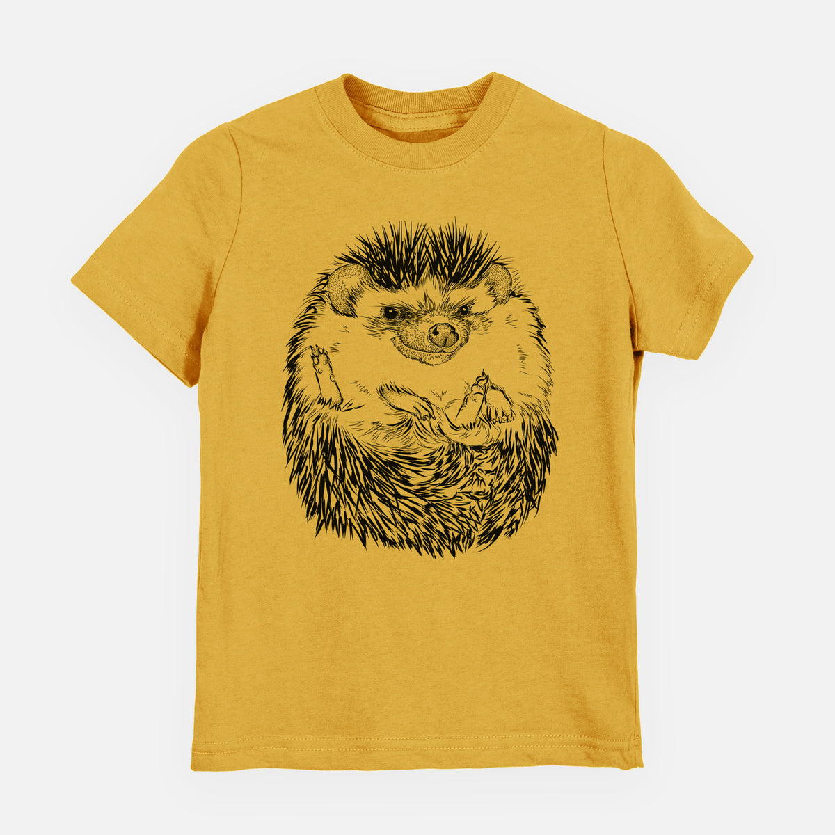 Honeycomb yellow youth t-shirt laid flat, printed with a detailed black ink illustration of a hedgehog curled up and facing forward.