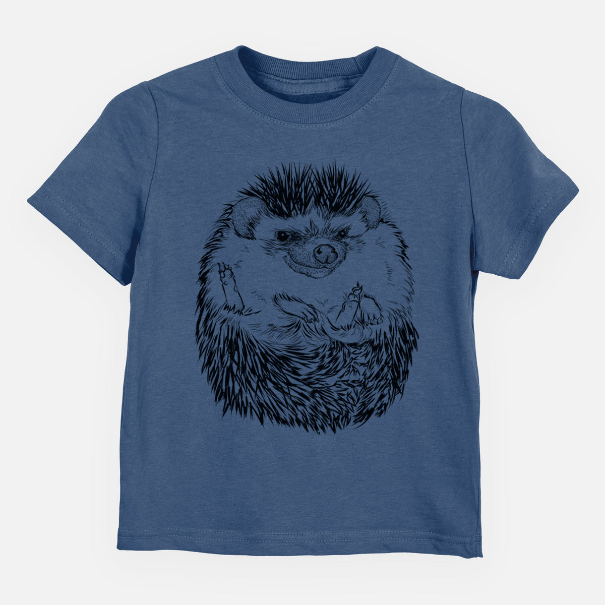Indigo blue toddler t-shirt laid flat, printed with a detailed black ink illustration of a hedgehog curled up and facing forward.