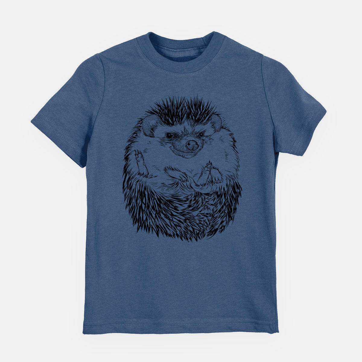 Indigo blue youth t-shirt laid flat, printed with a detailed black ink illustration of a hedgehog curled up and facing forward.