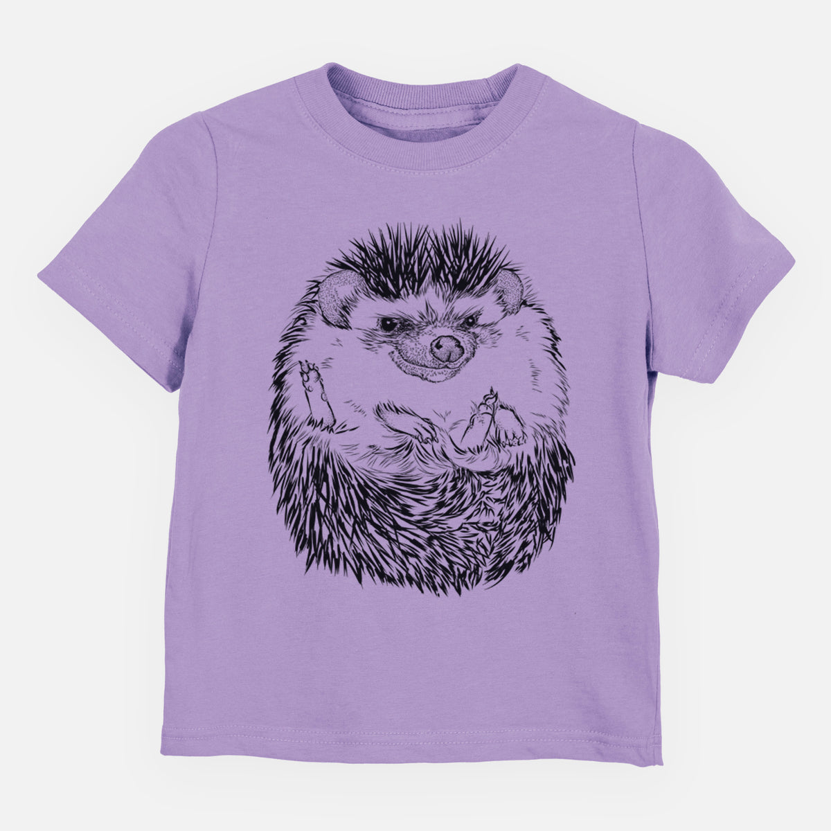 Lavender toddler t-shirt laid flat, printed with a detailed black ink illustration of a hedgehog curled up and facing forward.