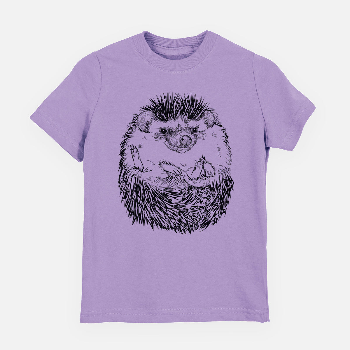 Lavender youth t-shirt laid flat, printed with a detailed black ink illustration of a hedgehog curled up and facing forward.