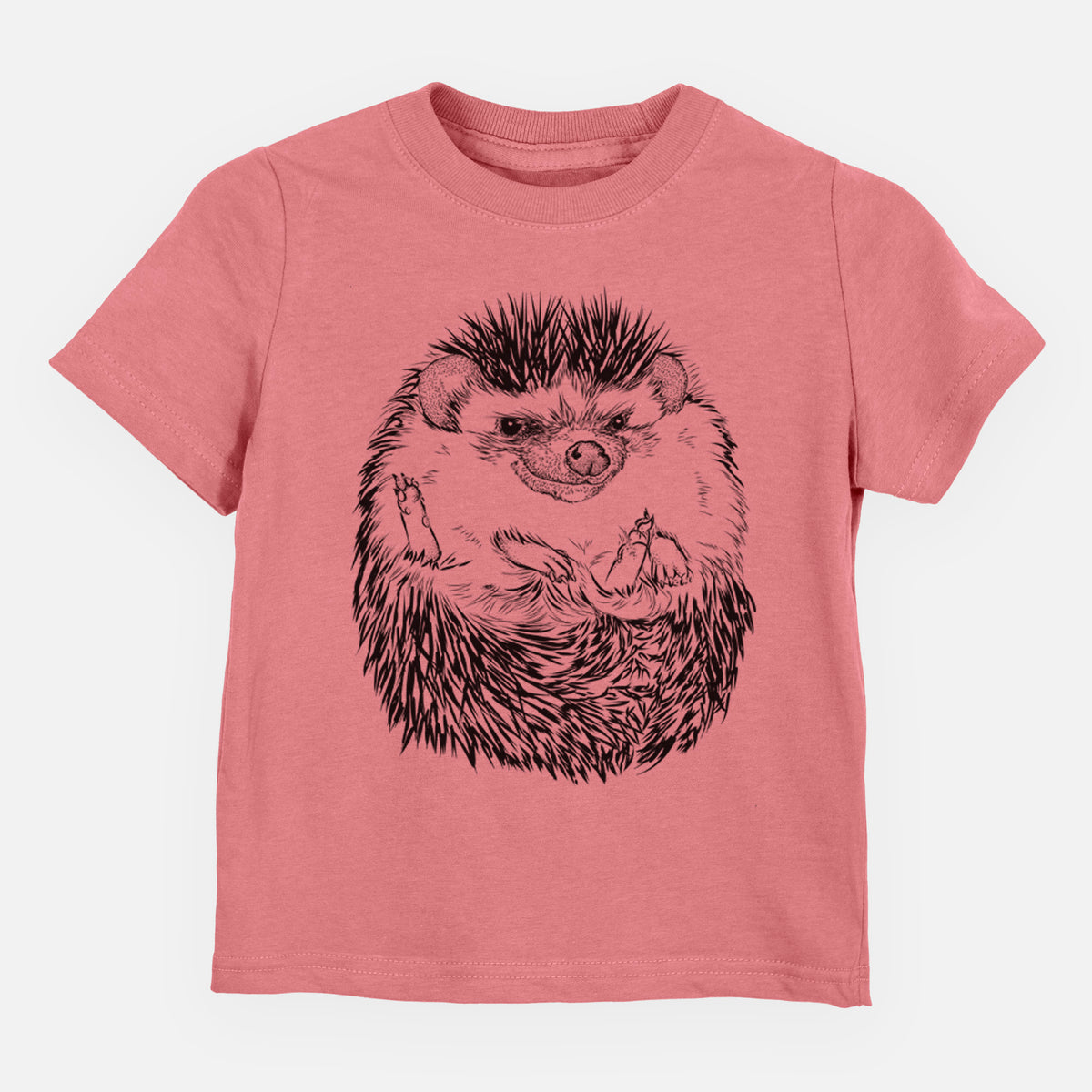 Mauve pink toddler t-shirt laid flat, printed with a detailed black ink illustration of a hedgehog curled up and facing forward.