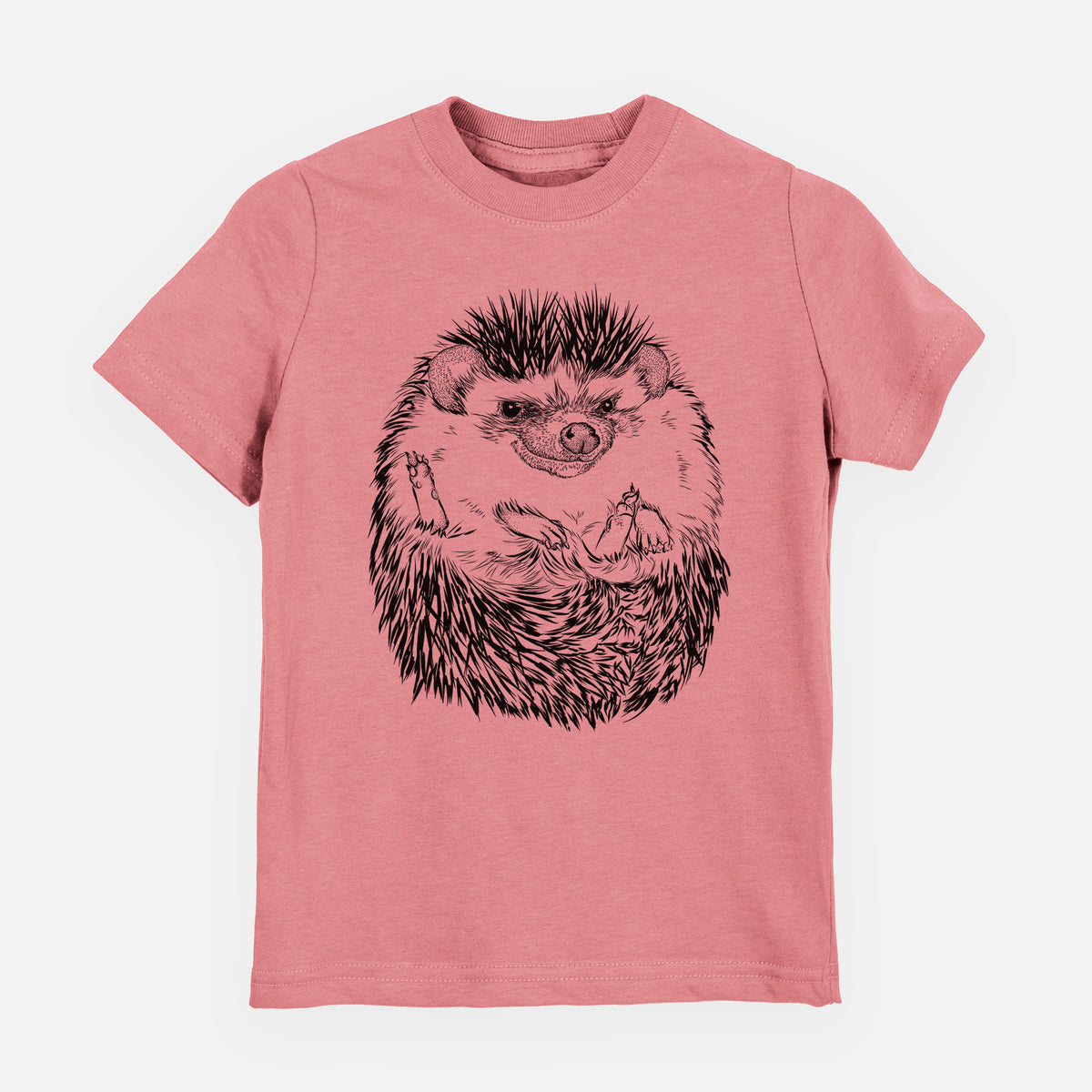 Mauve pink youth t-shirt laid flat, printed with a detailed black ink illustration of a hedgehog curled up and facing forward.