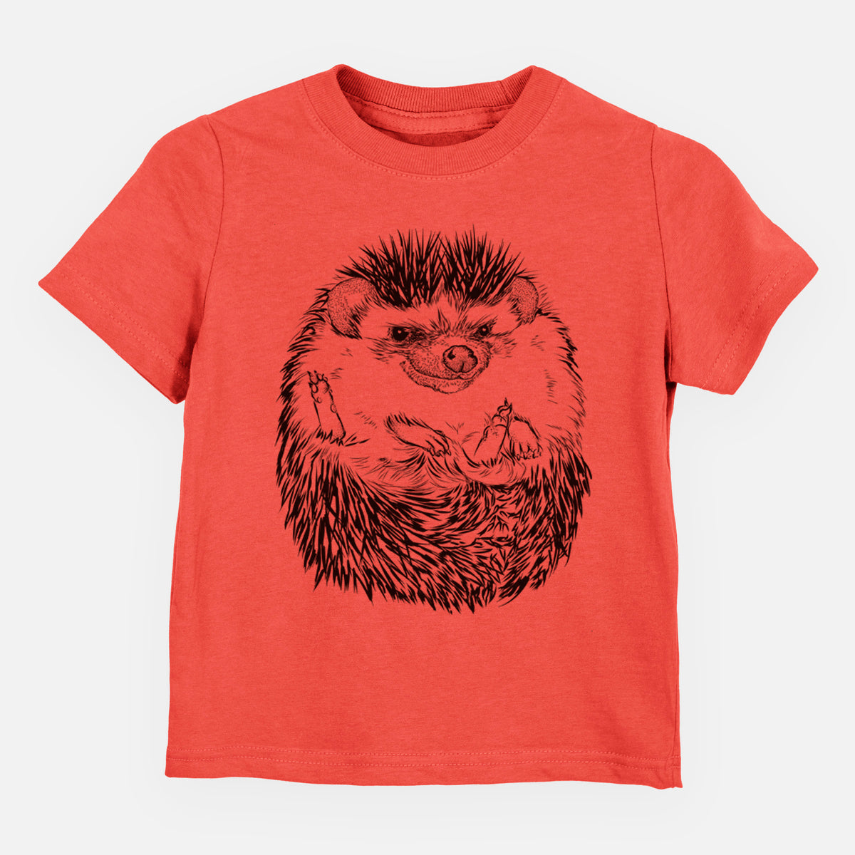 Passionfruit pink toddler t-shirt laid flat, printed with a detailed black ink illustration of a hedgehog curled up and facing forward.
