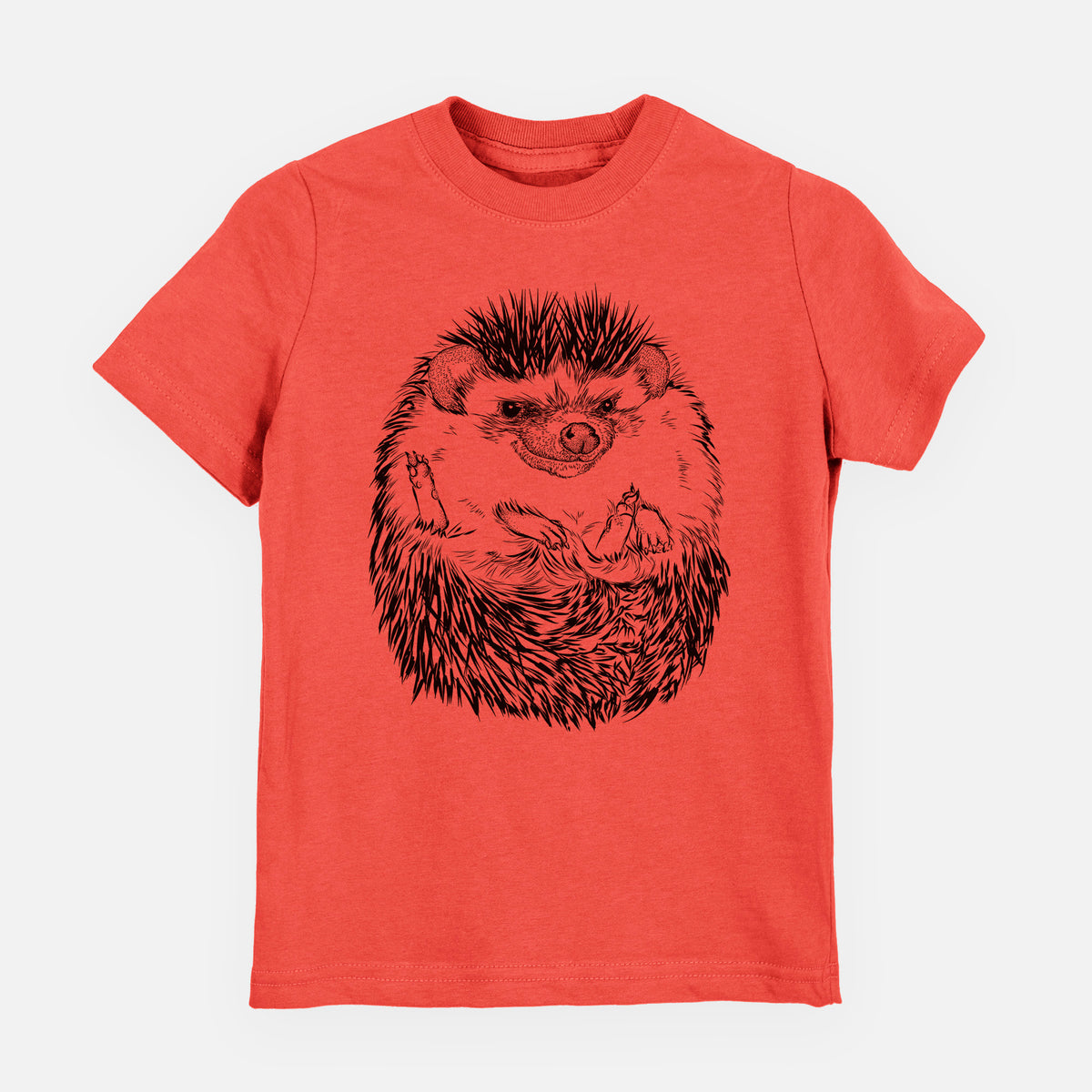 Passionfruit pink youth t-shirt laid flat, printed with a detailed black ink illustration of a hedgehog curled up and facing forward.