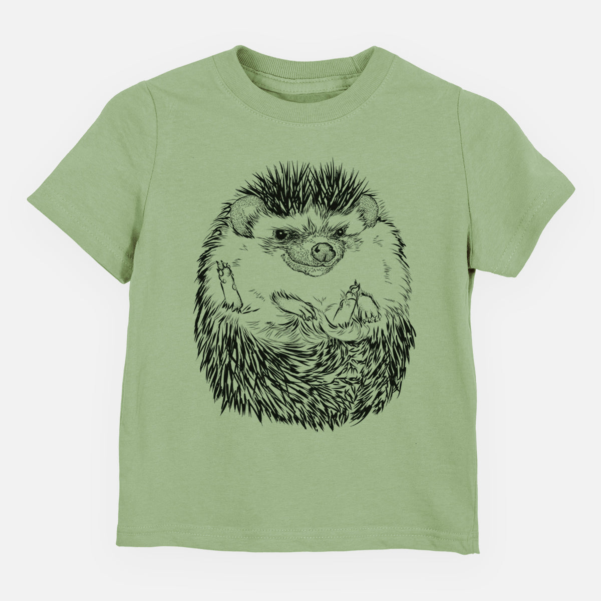Sage green toddler t-shirt laid flat, printed with a detailed black ink illustration of a hedgehog curled up and facing forward.