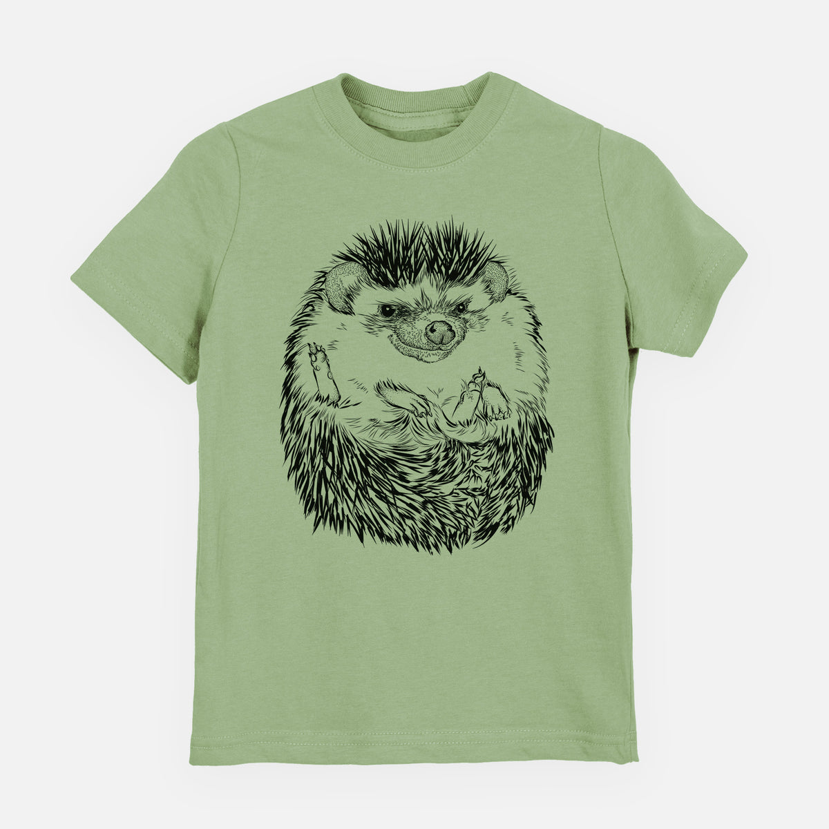 Sage green youth t-shirt laid flat, printed with a detailed black ink illustration of a hedgehog curled up and facing forward.