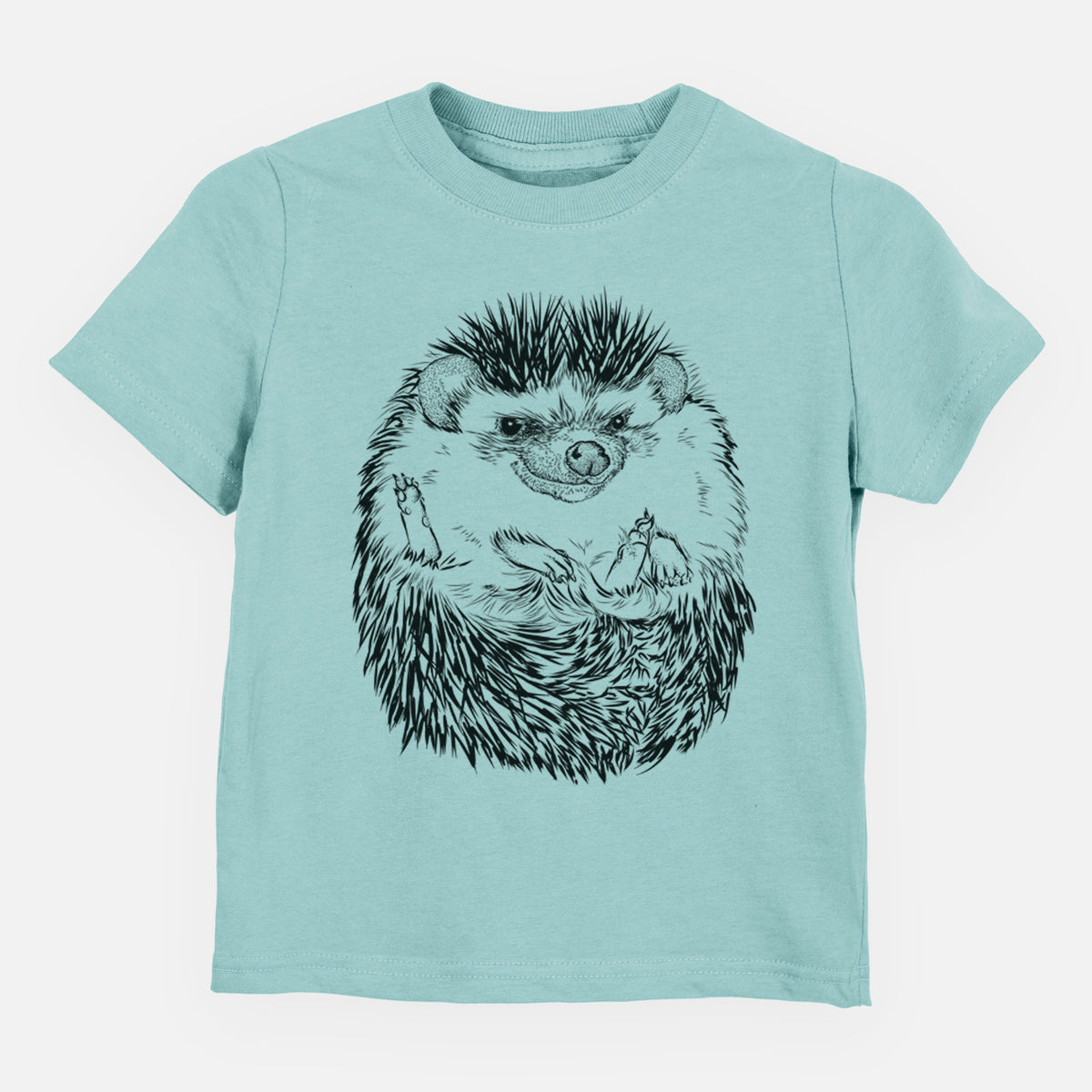 Saltwater toddler t-shirt laid flat, printed with a detailed black ink illustration of a hedgehog curled up and facing forward.