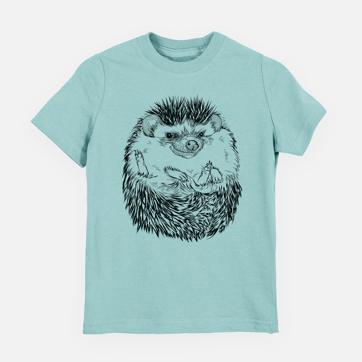 Saltwater youth t-shirt laid flat, printed with a detailed black ink illustration of a hedgehog curled up and facing forward.
