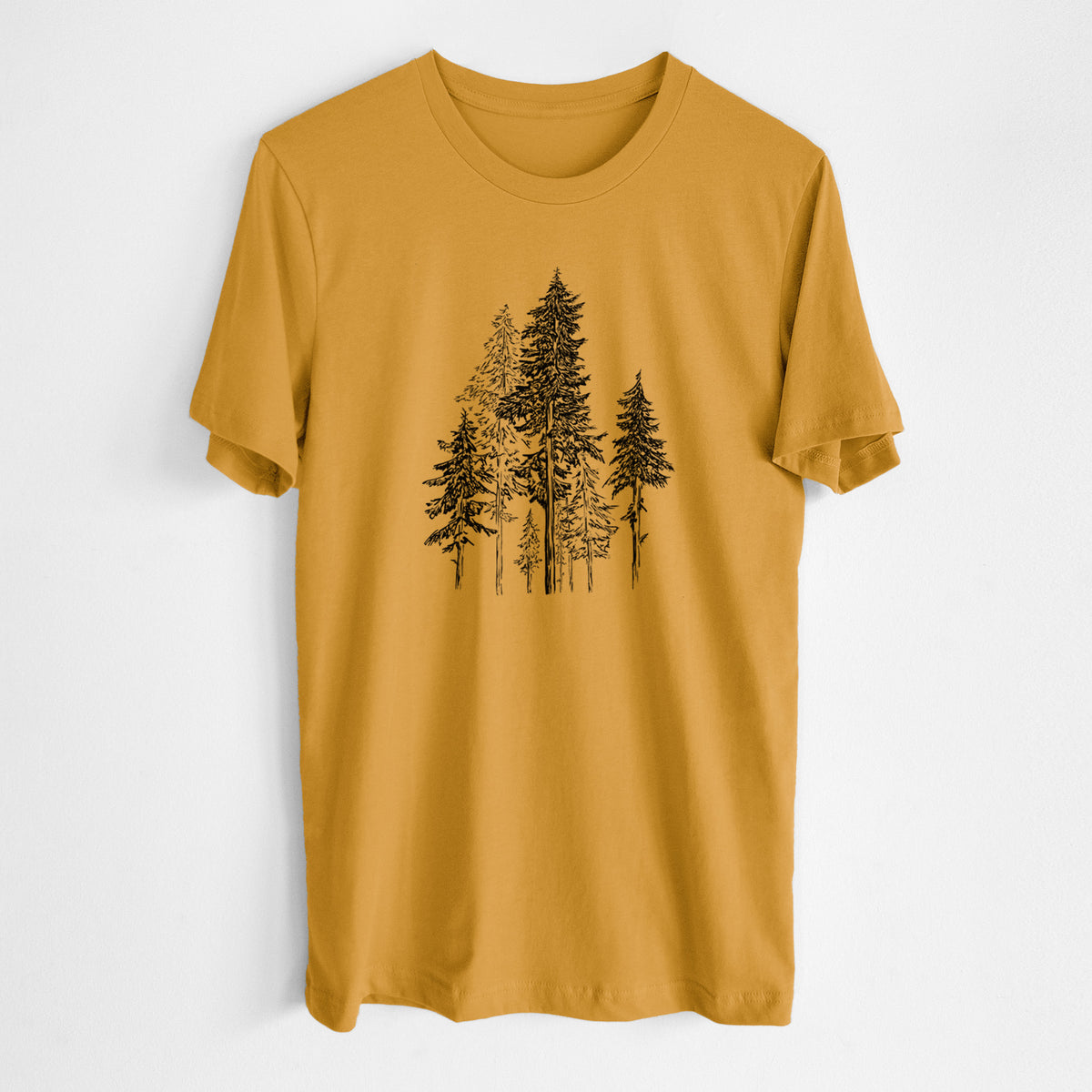Honeycomb yellow lightweight cotton t-shirt laid flat, printed with a black ink illustration of a forest of tall hemlock trees.
