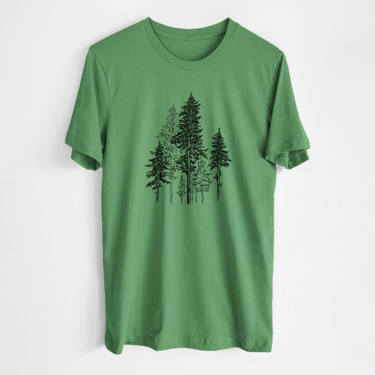 Leaf green lightweight cotton t-shirt laid flat, printed with a black ink illustration of a forest of tall hemlock trees.