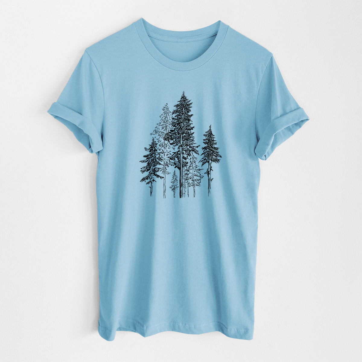 Ocean blue lightweight cotton t-shirt laid flat, printed with a black ink illustration of a forest of tall hemlock trees.