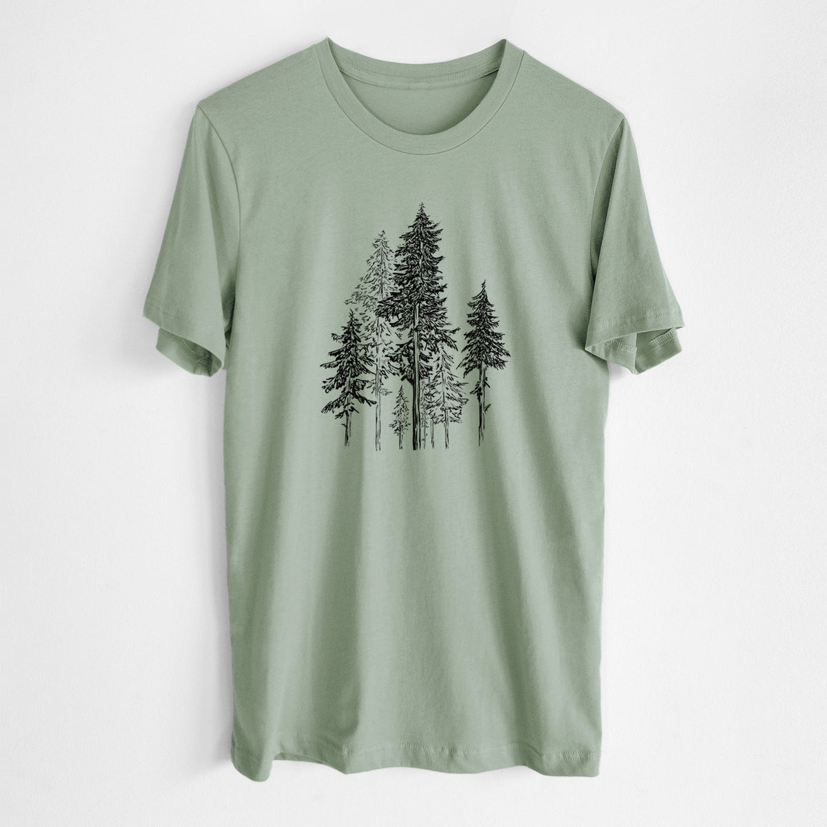 Sage green lightweight cotton t-shirt laid flat, printed with a black ink illustration of a forest of tall hemlock trees.