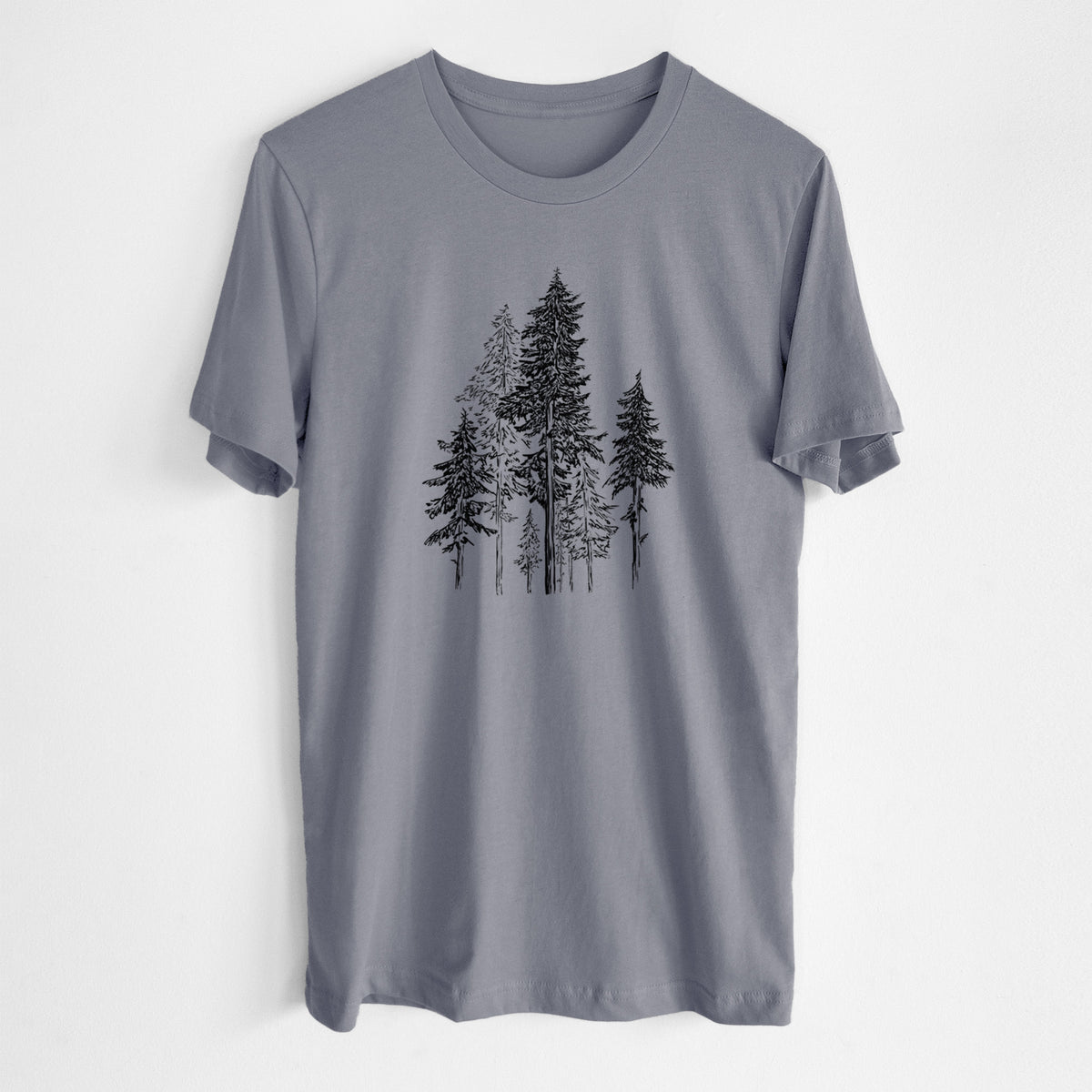 Storm grey lightweight cotton t-shirt laid flat, printed with a black ink illustration of a forest of tall hemlock trees.