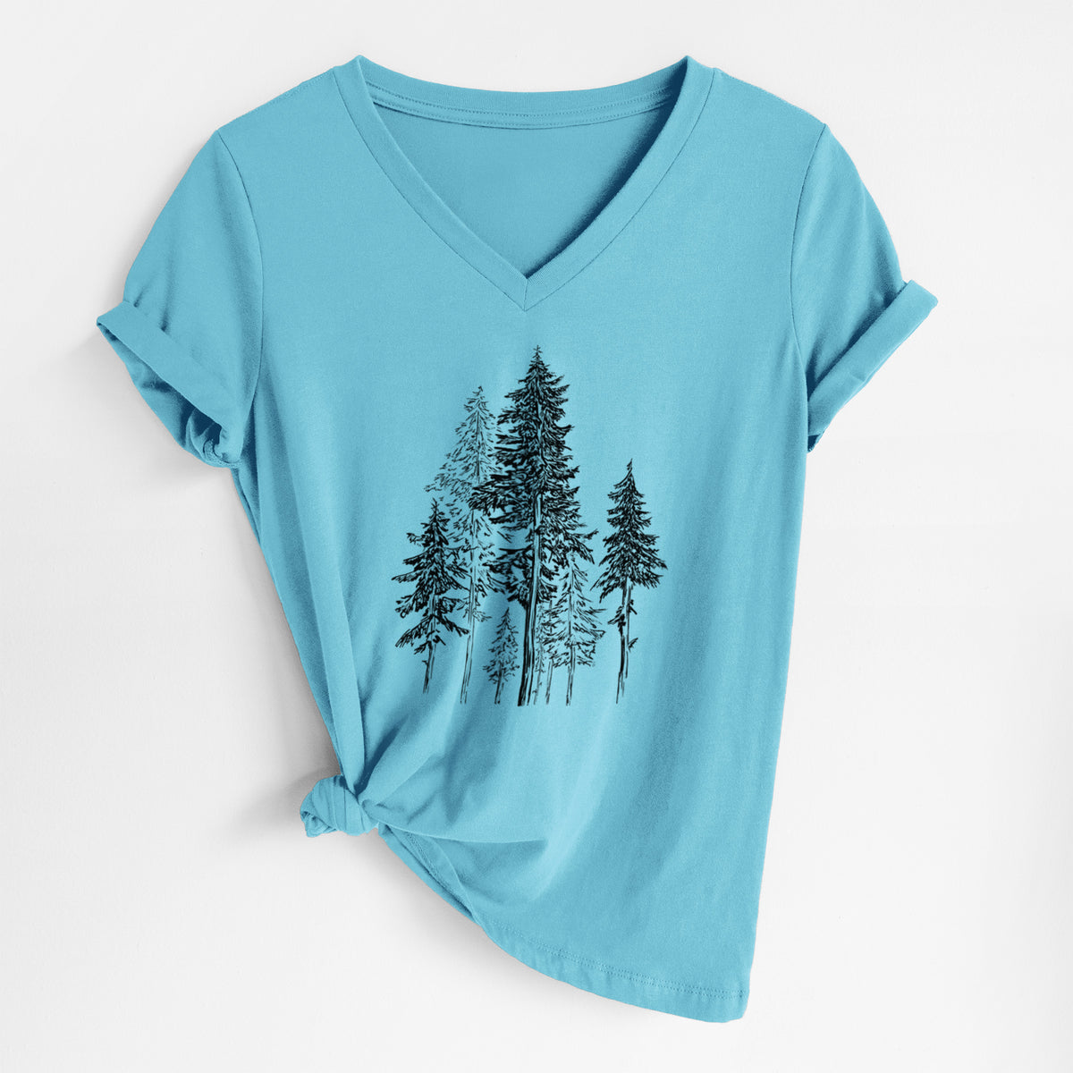 Turquoise women's relaxed fit cotton V-neck t-shirt laid flat, printed with a black ink illustration of a forest of tall hemlock trees.