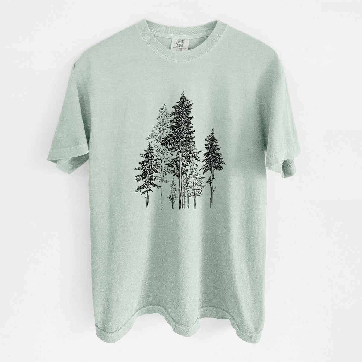 Bay green Comfort Colors t-shirt laid flat, printed with a black ink illustration of a forest of tall hemlock trees.