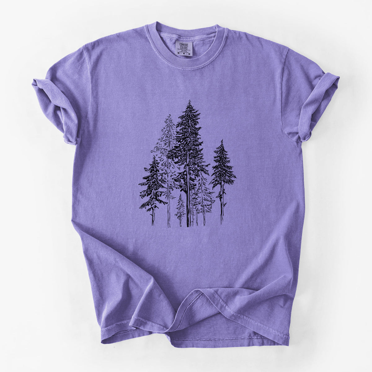 Violet purple Comfort Colors t-shirt laid flat, printed with a black ink illustration of a forest of tall hemlock trees.