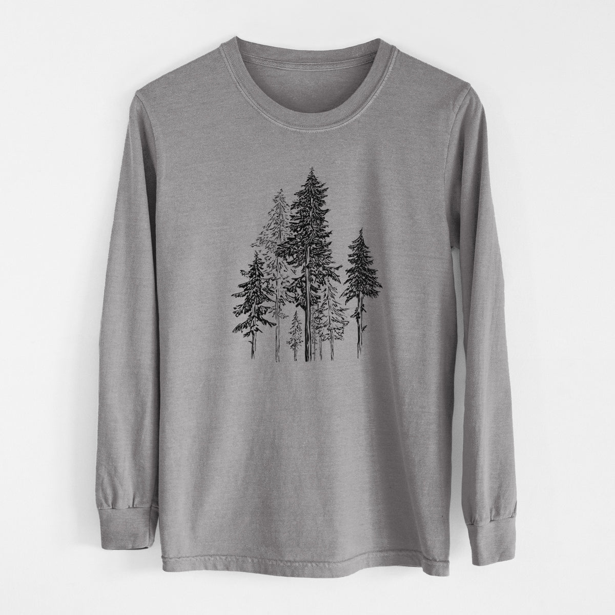Grey Comfort Colors long sleeve shirt laid flat, printed with a black ink illustration of a forest of tall hemlock trees.