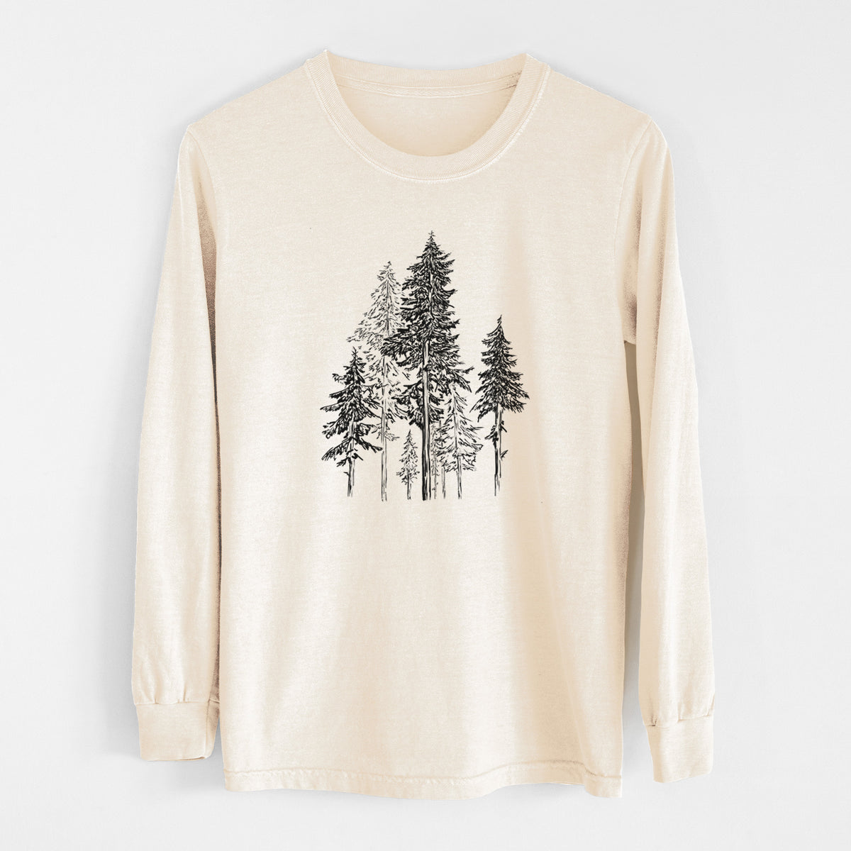 Ivory Comfort Colors long sleeve shirt laid flat, printed with a black ink illustration of a forest of tall hemlock trees.