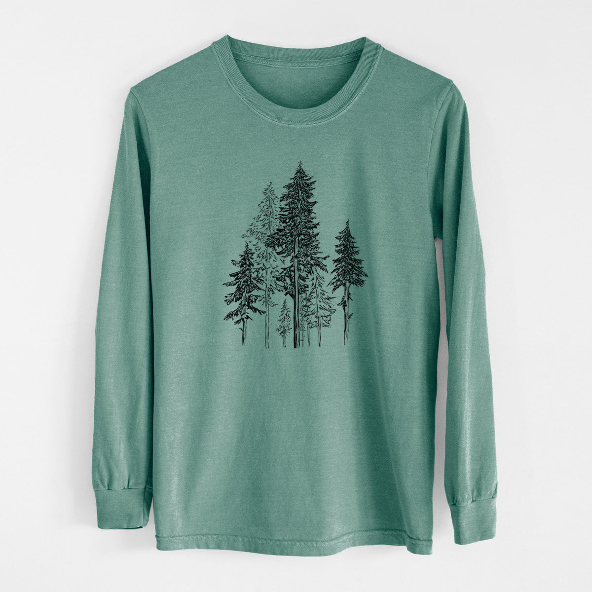 Pine green Comfort Colors long sleeve shirt laid flat, printed with a black ink illustration of a forest of tall hemlock trees.