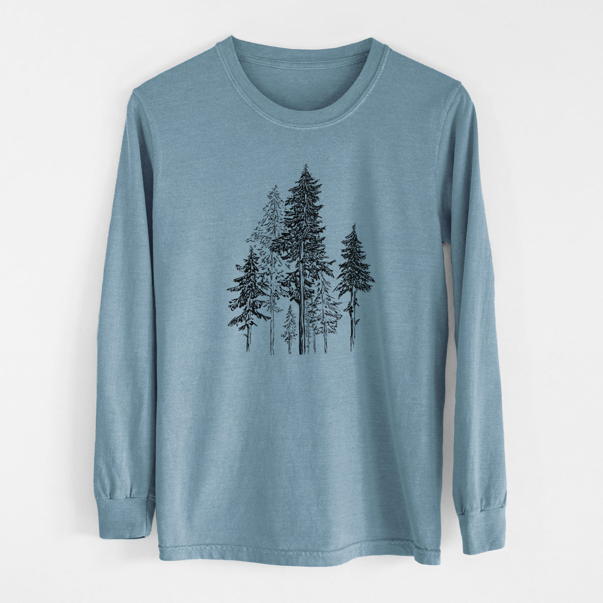 Steel blue Comfort Colors long sleeve shirt laid flat, printed with a black ink illustration of a forest of tall hemlock trees.