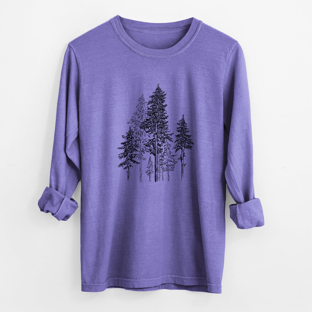 Violet purple Comfort Colors long sleeve shirt laid flat with the cuffs rolled, printed with a black ink illustration of a forest of tall hemlock trees.
