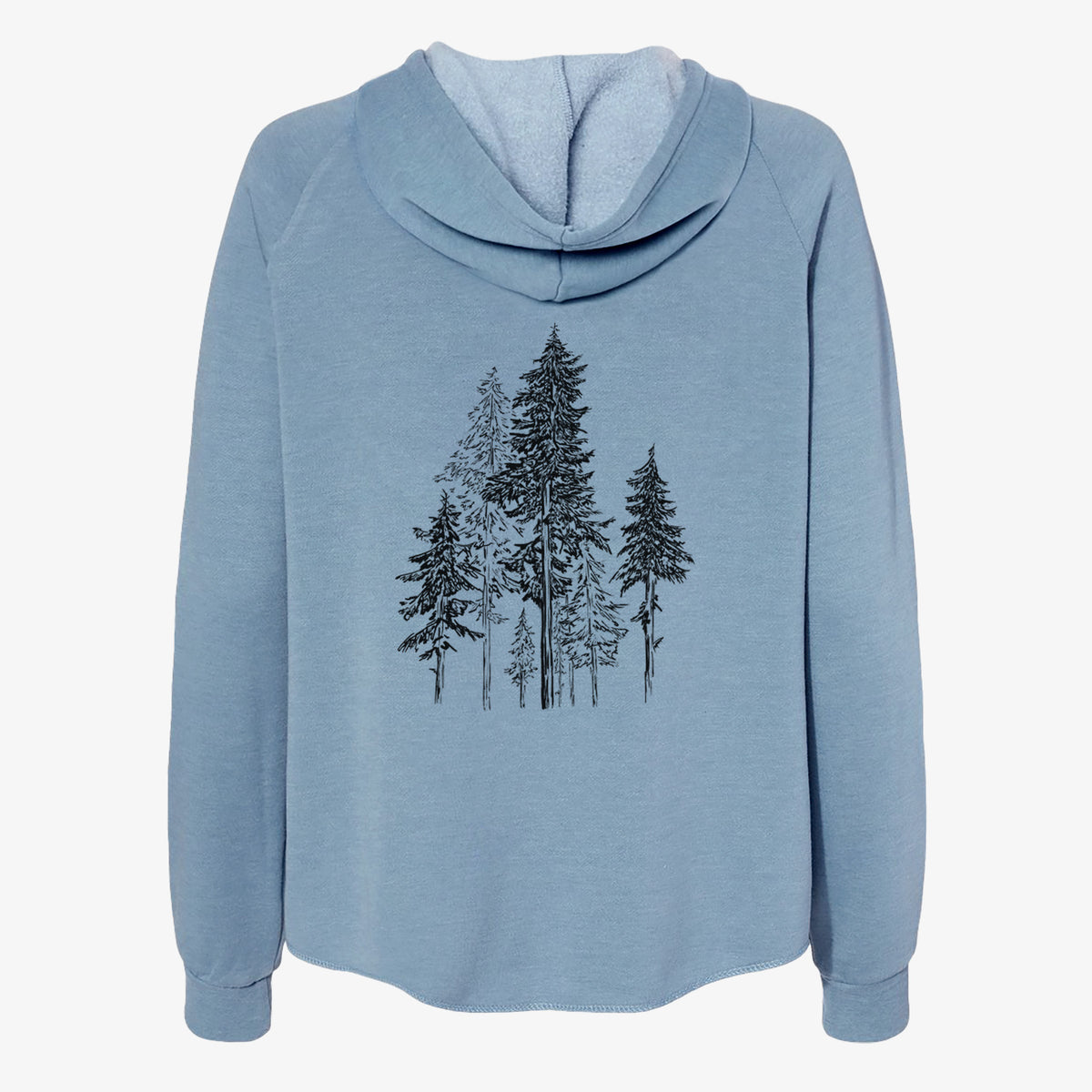 Misty blue women's Cali Wave zip-up sweatshirt laid flat, printed with a black ink illustration of a forest of tall hemlock trees.