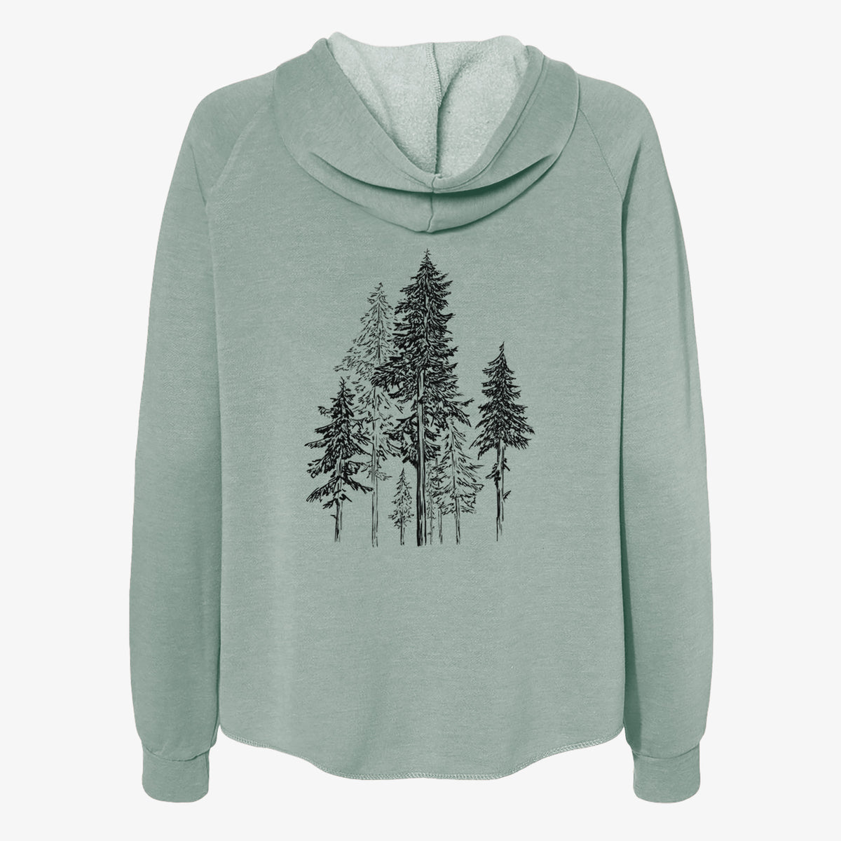 Sage green women's Cali Wave zip-up sweatshirt laid flat, printed with a black ink illustration of a forest of tall hemlock trees.