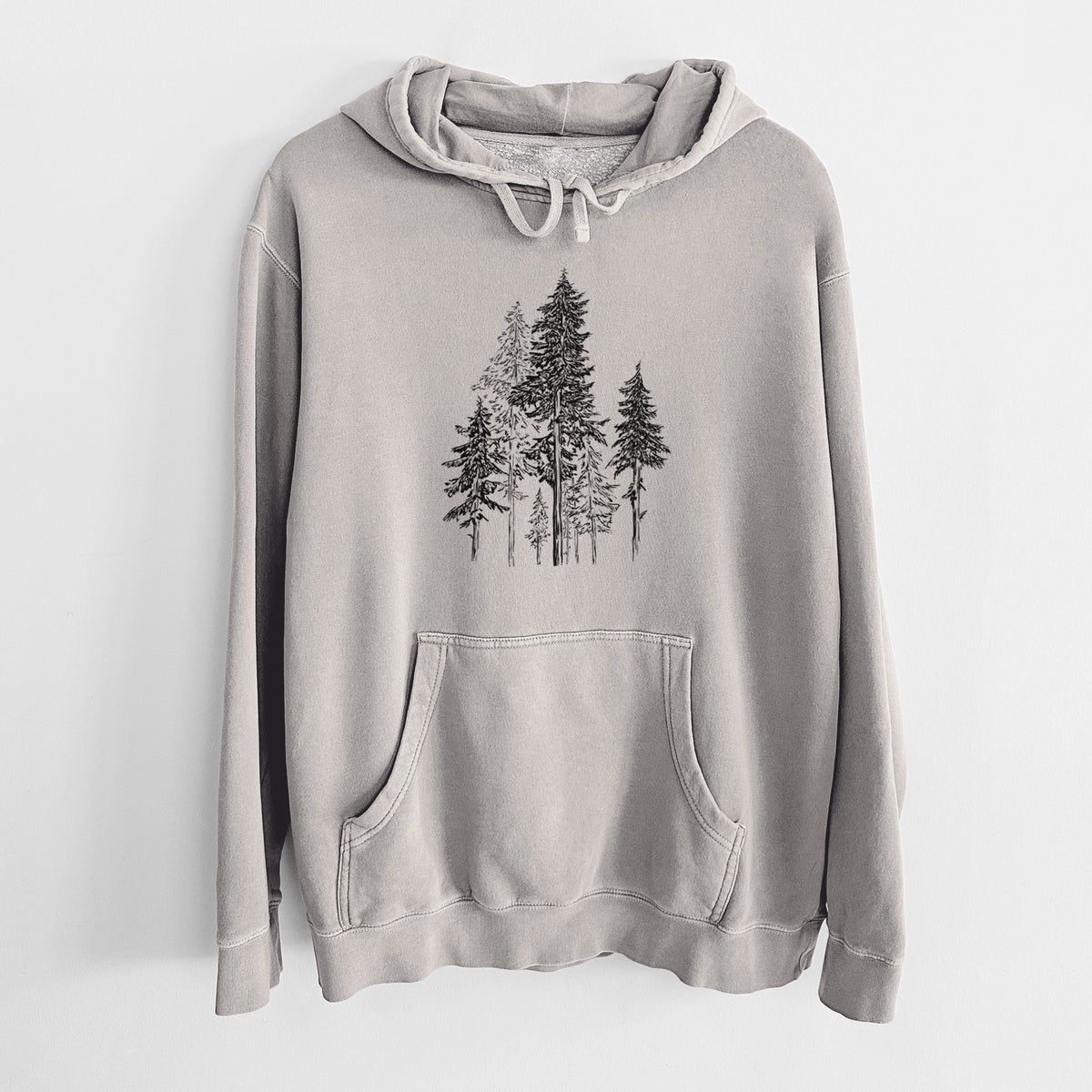 Cement grey pigment dyed hoodie laid flat, printed with a black ink illustration of a forest of tall hemlock trees.
