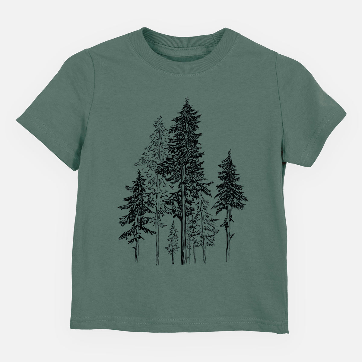 Basil green toddler t-shirt laid flat, printed with a black ink illustration of a forest of tall hemlock trees.