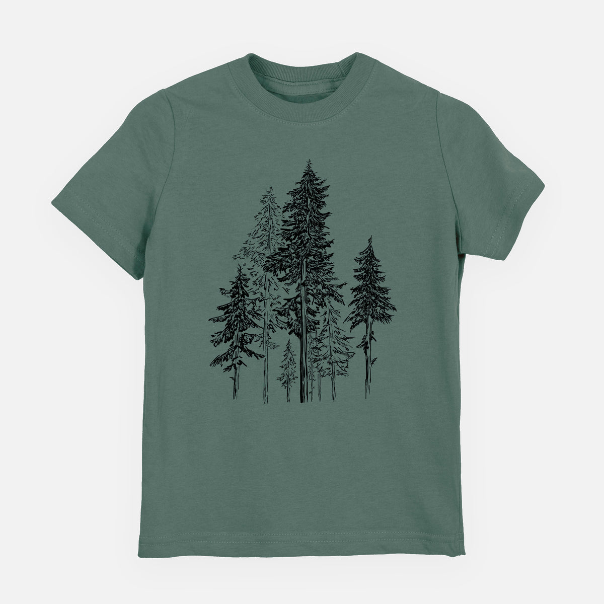 Basil green youth t-shirt laid flat, printed with a black ink illustration of a forest of tall hemlock trees.