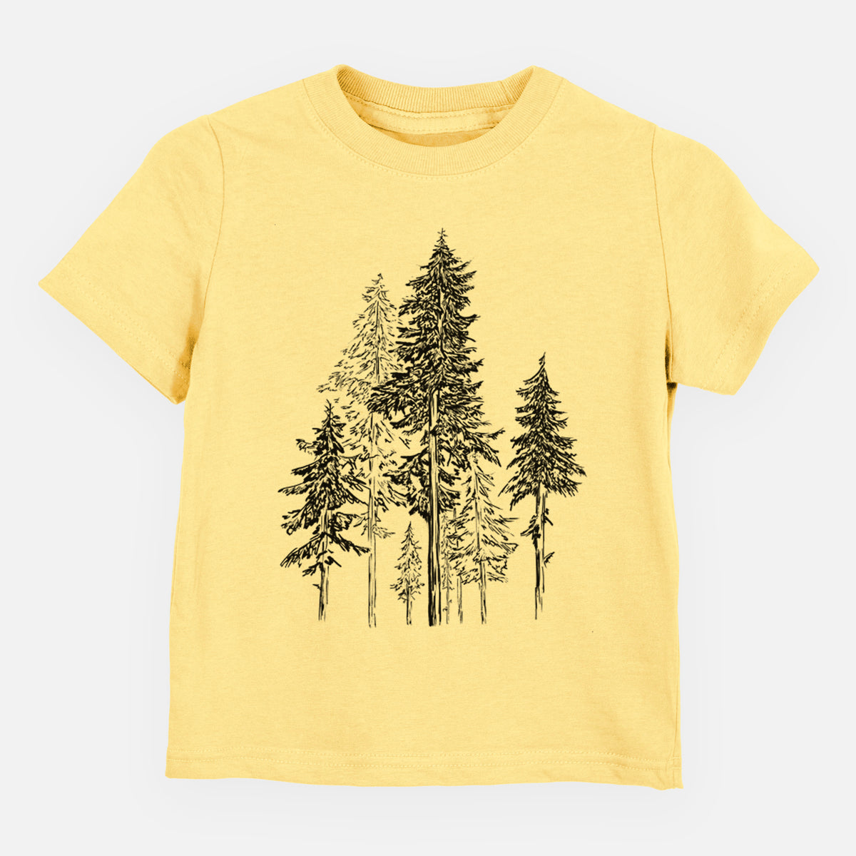 Butter yellow toddler t-shirt laid flat, printed with a black ink illustration of a forest of tall hemlock trees.