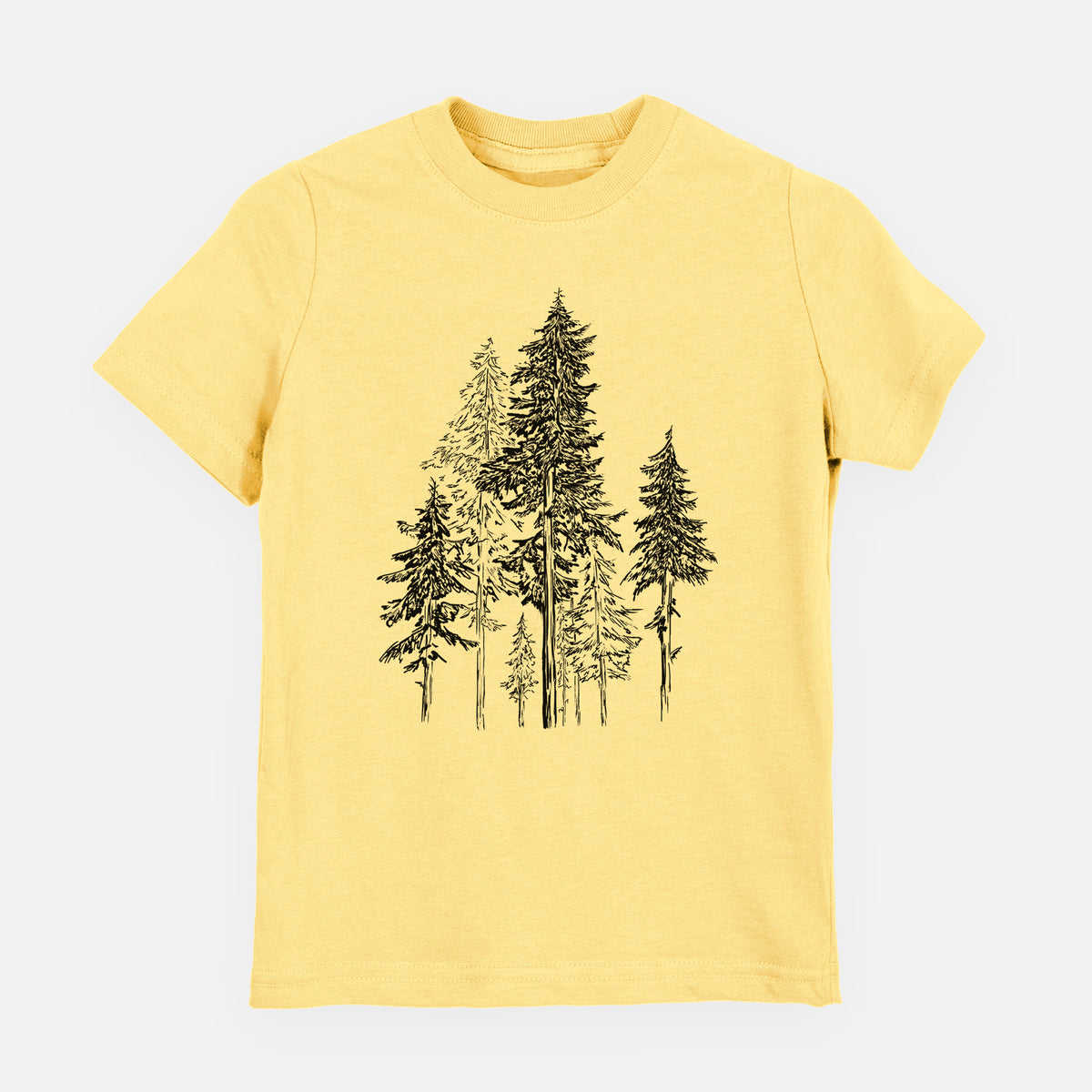 Butter yellow youth t-shirt laid flat, printed with a black ink illustration of a forest of tall hemlock trees.