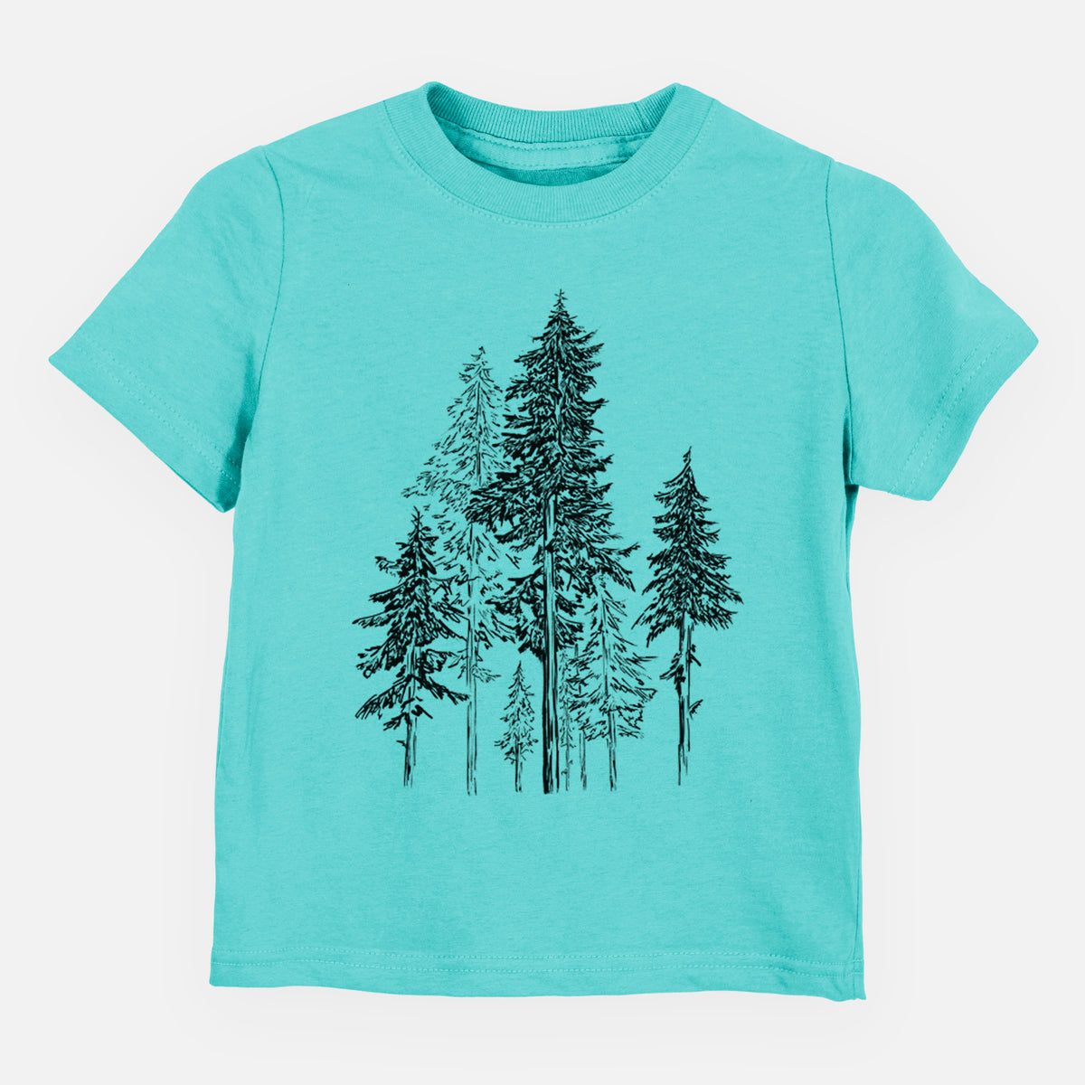 Caribbean blue toddler t-shirt laid flat, printed with a black ink illustration of a forest of tall hemlock trees.