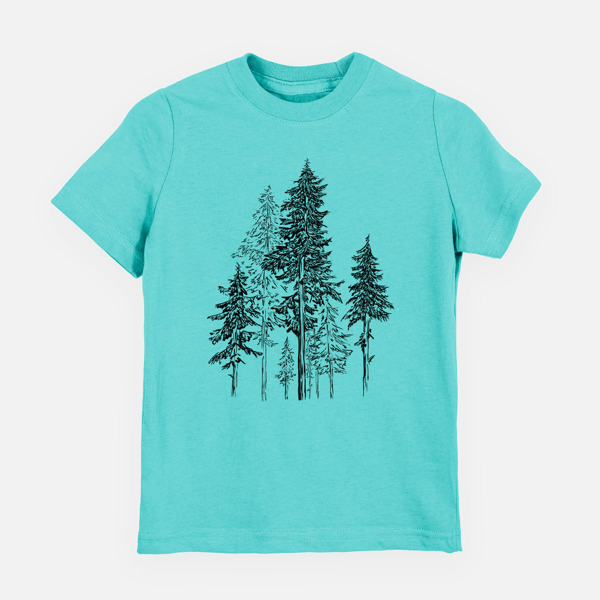 Caribbean blue youth t-shirt laid flat, printed with a black ink illustration of a forest of tall hemlock trees.