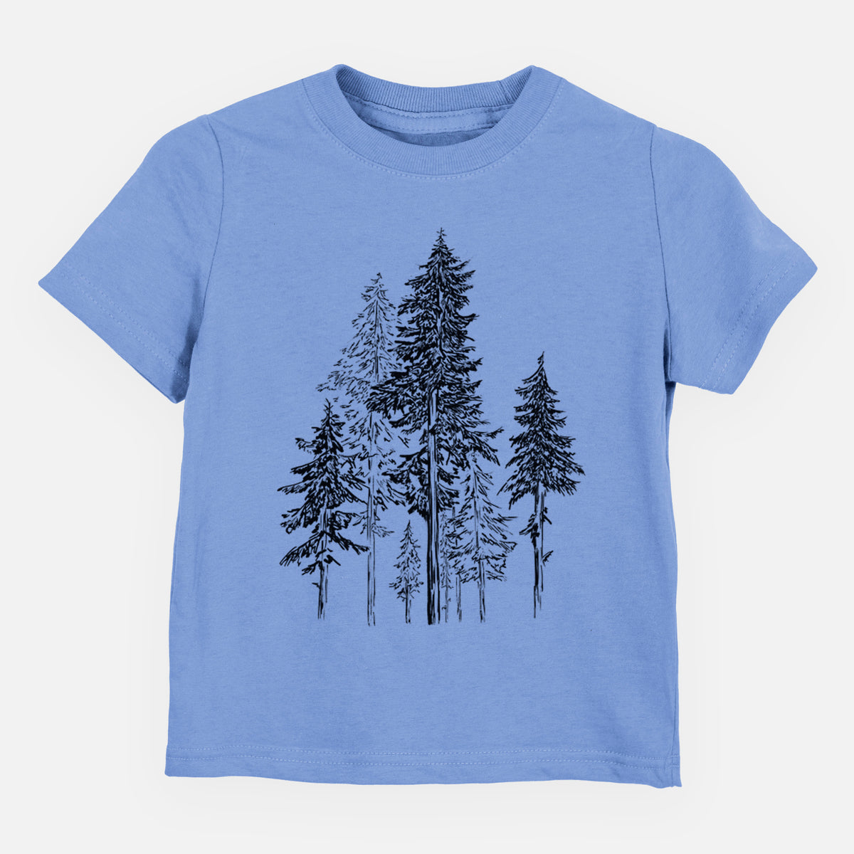 Carolina blue toddler t-shirt laid flat, printed with a black ink illustration of a forest of tall hemlock trees.