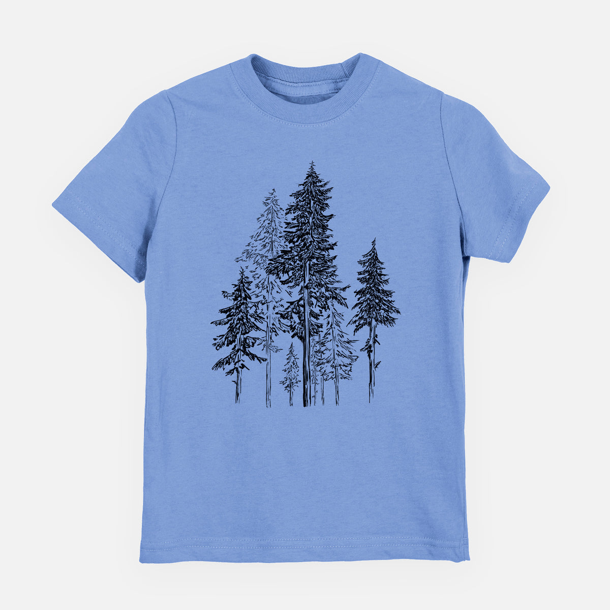 Carolina blue youth t-shirt laid flat, printed with a black ink illustration of a forest of tall hemlock trees.