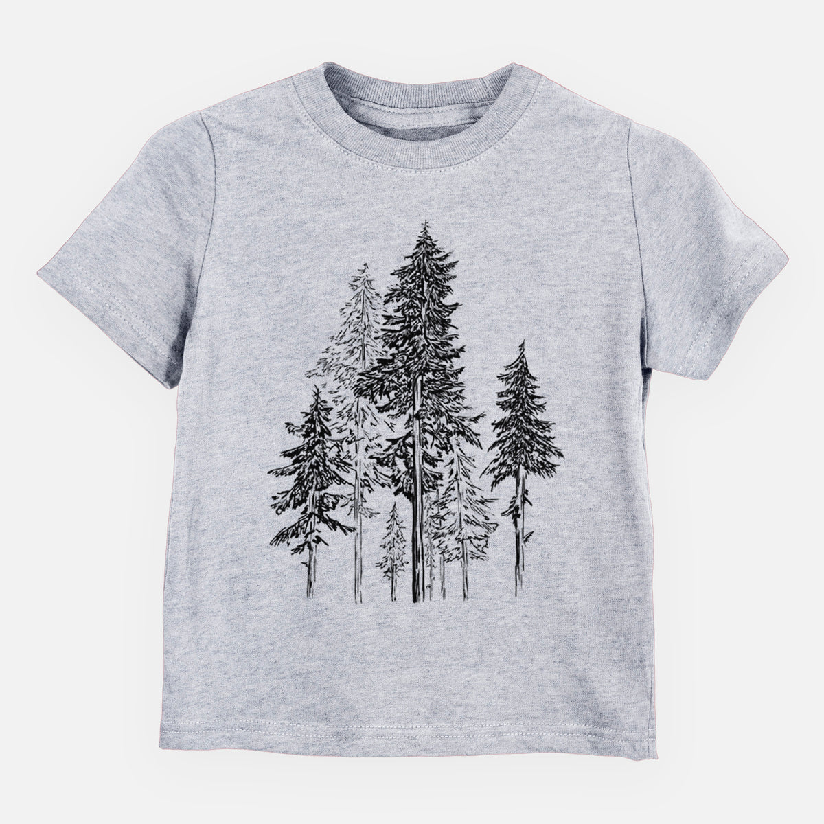 Heather grey toddler t-shirt laid flat, printed with a black ink illustration of a forest of tall hemlock trees.