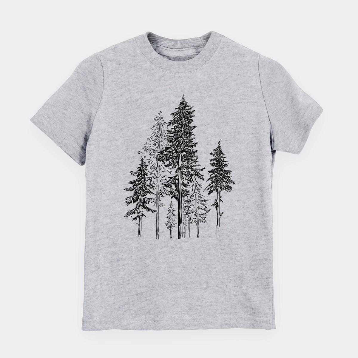 Heather grey youth t-shirt laid flat, printed with a black ink illustration of a forest of tall hemlock trees.