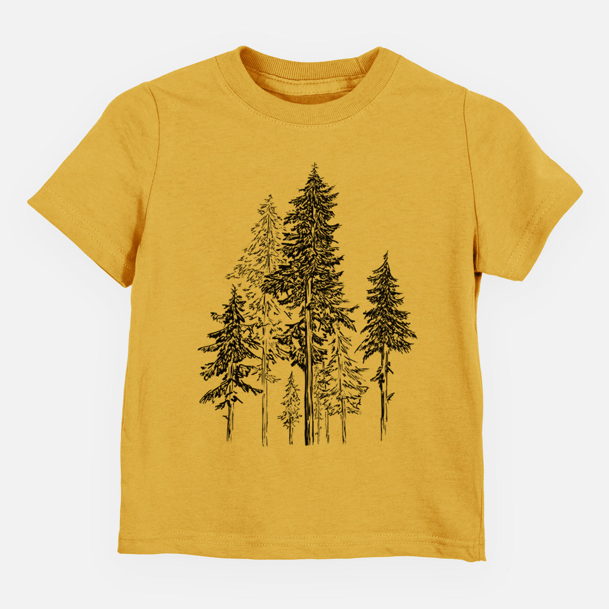 Honeycomb yellow toddler t-shirt laid flat, printed with a black ink illustration of a forest of tall hemlock trees.