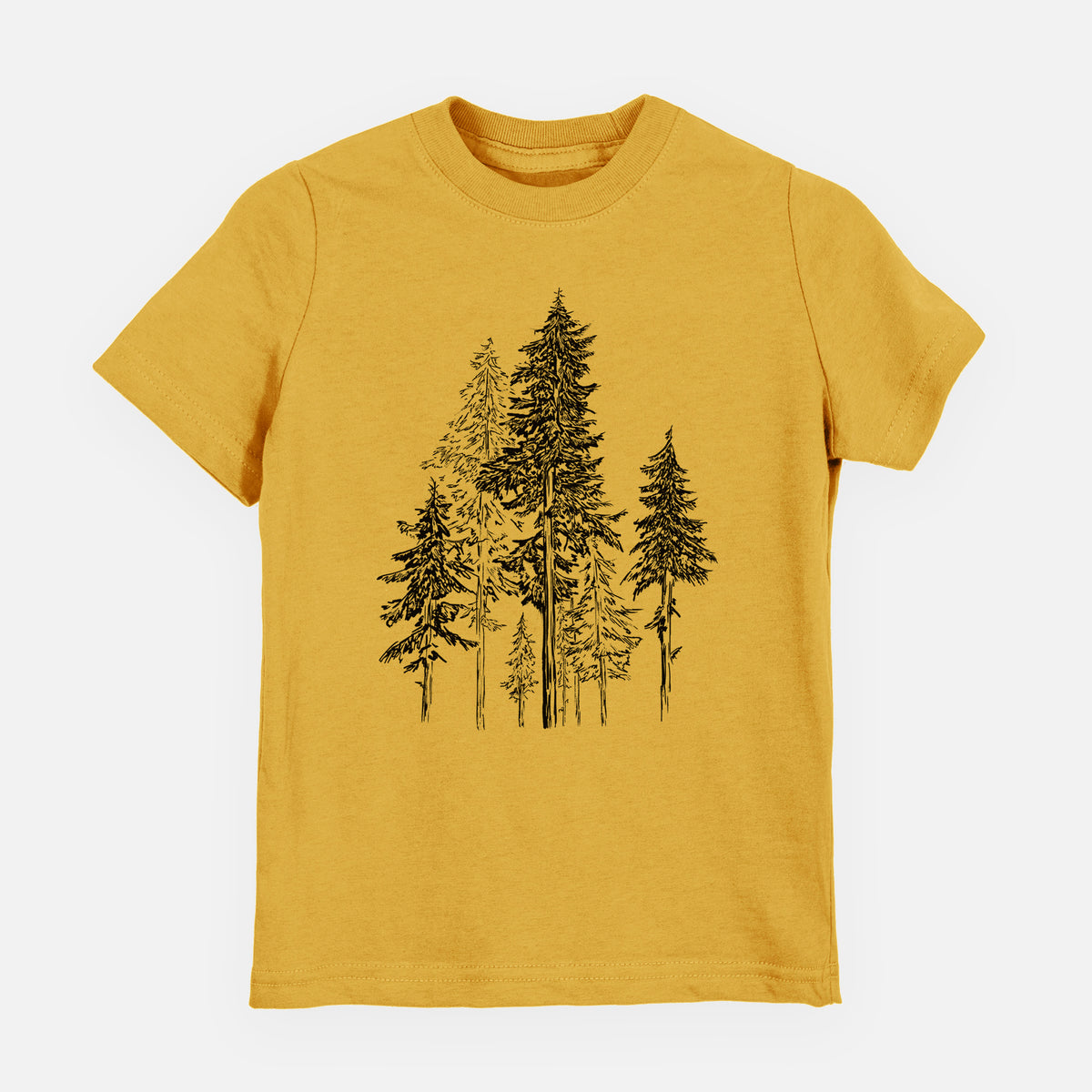Honeycomb yellow youth t-shirt laid flat, printed with a black ink illustration of a forest of tall hemlock trees.