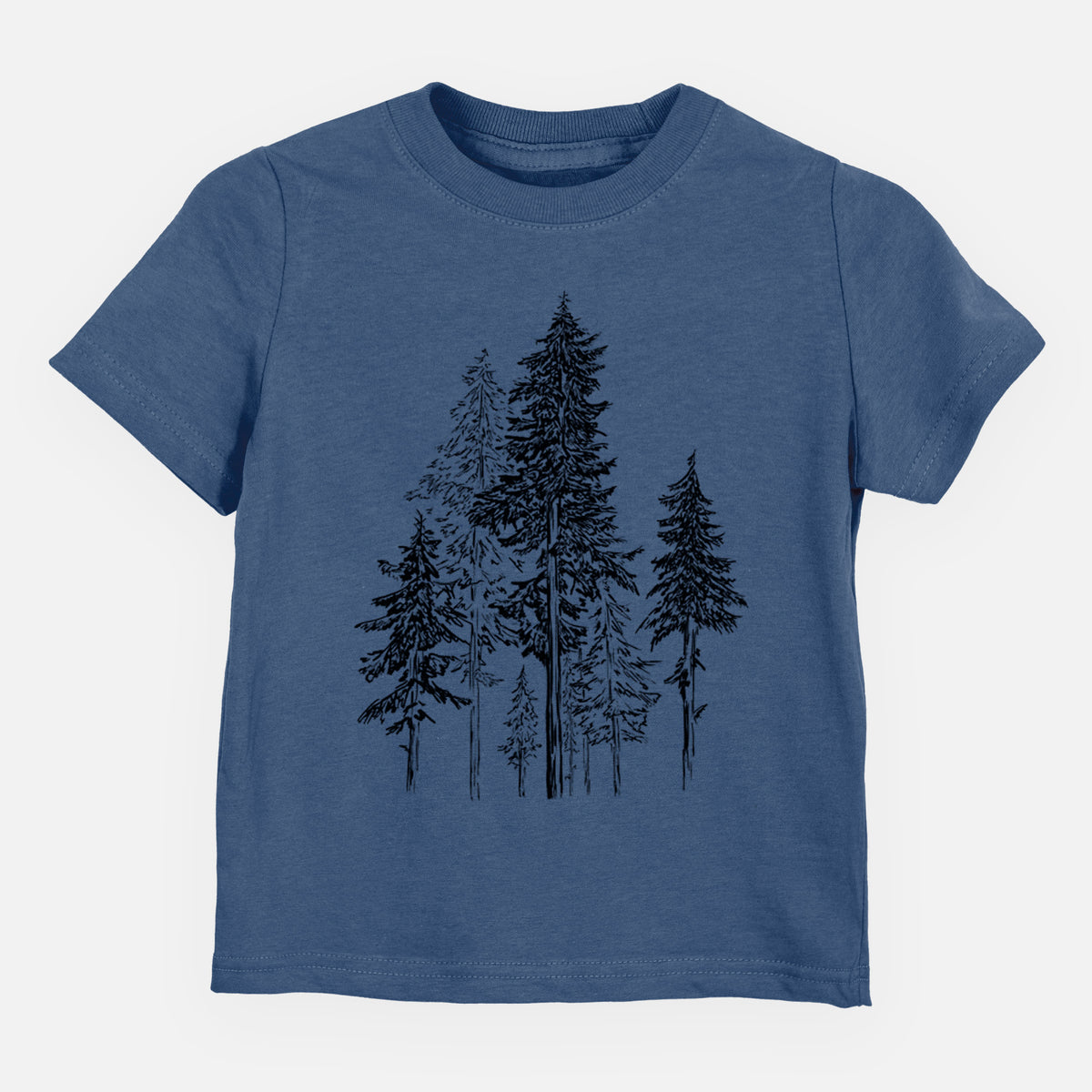 Indigo blue toddler t-shirt laid flat, printed with a black ink illustration of a forest of tall hemlock trees.