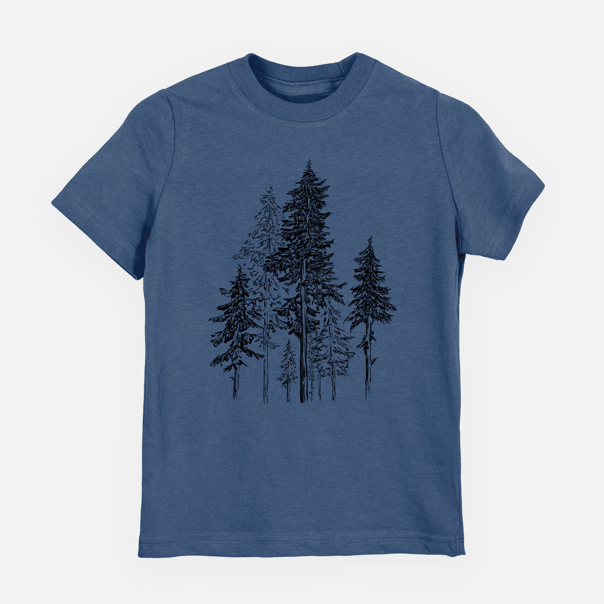 Indigo blue youth t-shirt laid flat, printed with a black ink illustration of a forest of tall hemlock trees.