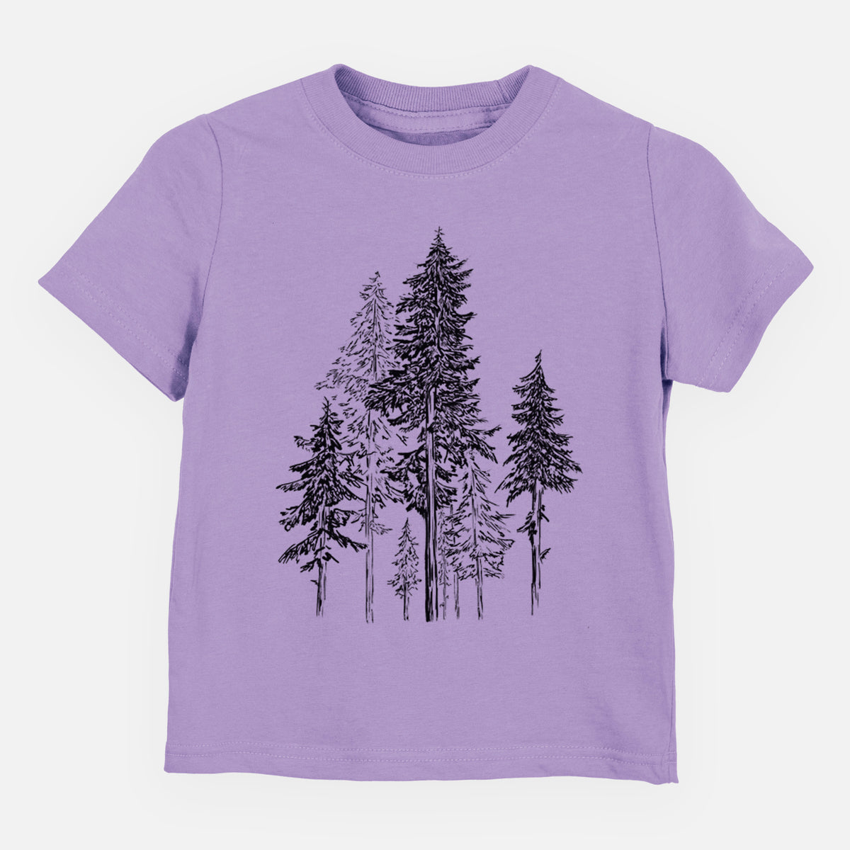 Lavender toddler t-shirt laid flat, printed with a black ink illustration of a forest of tall hemlock trees.