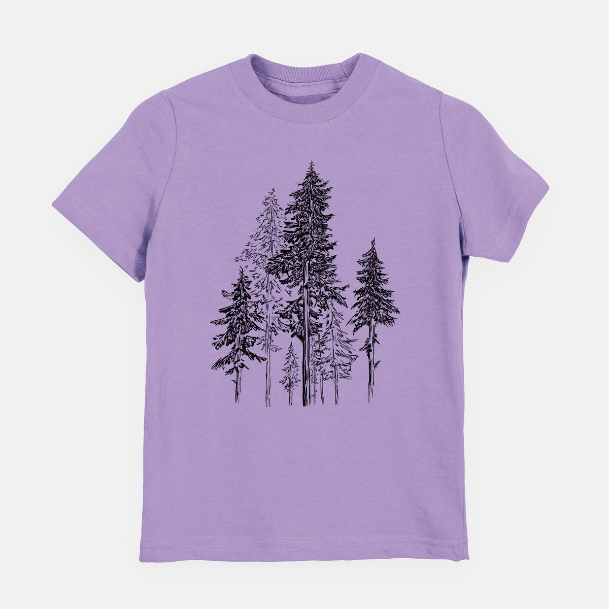 Lavender youth t-shirt laid flat, printed with a black ink illustration of a forest of tall hemlock trees.