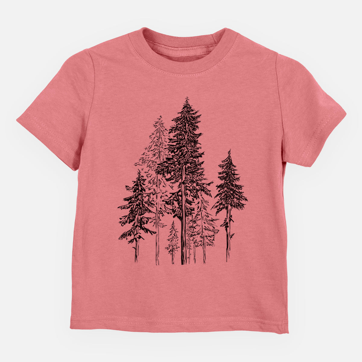 Mauve pink toddler t-shirt laid flat, printed with a black ink illustration of a forest of tall hemlock trees.