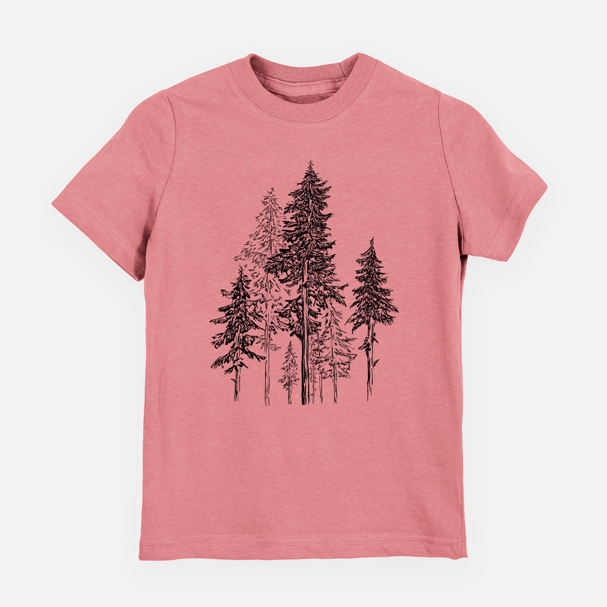 Mauve pink youth t-shirt laid flat, printed with a black ink illustration of a forest of tall hemlock trees.
