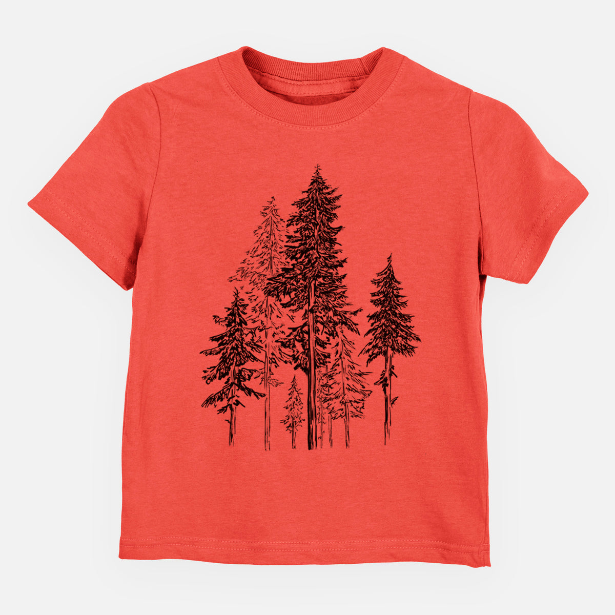 Passionfruit pink toddler t-shirt laid flat, printed with a black ink illustration of a forest of tall hemlock trees.